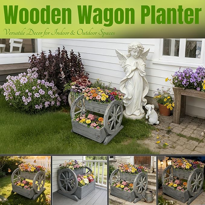 NestNature Wooden Wagon Planter Box,Raised Garden Bed,Decorative Garden Planters with Wheels-Outside Flower Pots for Indoor/Outdoor Décor Plants (Antique Gray)
