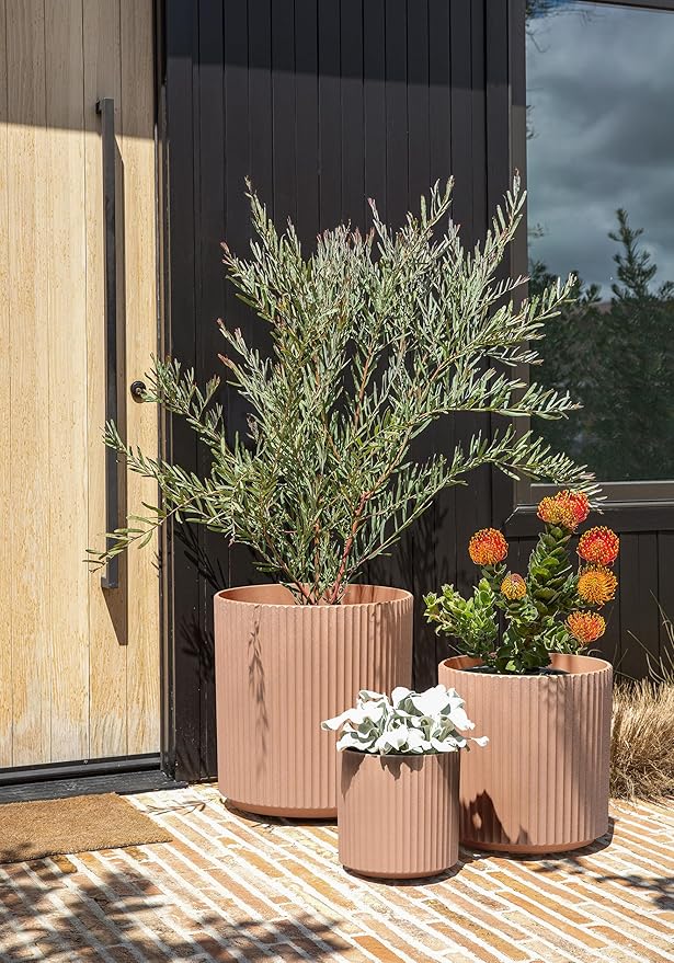 Veradek Demi Series Set of 3 Round Planters for Porch, Patio, Backyard | Durable Plastic-Stone Composite Material | Modern Décor for Tall Plants, Flowers