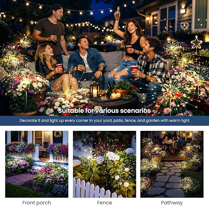 Solar Lights Outdoor, 120LED 4pack Fairy Garden Lights Decor for Outside Fireworks Lights Solar Powered for Yard, Patio, Pathway, Walkway, Balcony, Warm White