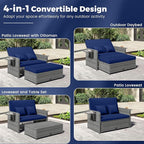 HAPPYGRILL Patio Rattan Wicker Daybed with Loveseat & Storage Ottoman, Outdoor Lounge Sofa Furniture Set with Adjustable Backrest & Side Trays, for Poolside Deck Porch Lawn (Mix Grey & Navy)