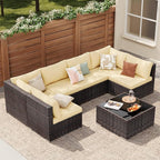 Patio Furniture Sets 7 Pieces Outdoor Sectional Rattan Sofa Manual Weaving Wicker Patio Conversation Set with Glass Table and Cushion (Beige)