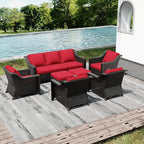 Joyside Wicker Patio Furniture Sets, 7 Pieces Upgraded Large Size Outdoor Furniture with 4 Swivel Rocking Patio Chairs, 3-Seat Sofa, Outdoor Ottoman, Thick Cushions, Wide Armrest, Red