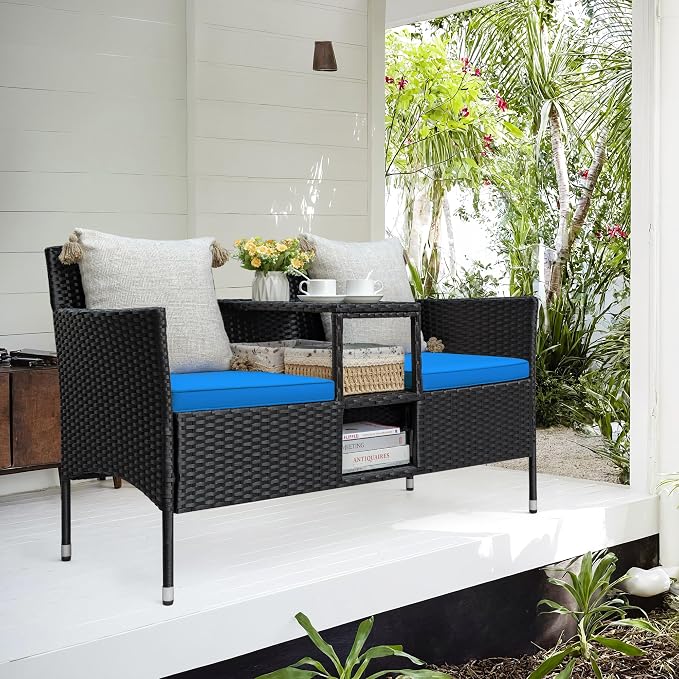 Conversation Set Patio Loveseat with Built-in Coffee Table, Blue PE Rattan