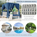 Merax Outdoor Patio Sunbed with Curtains and Soft Thick Cushions, Double Chaise Lounge Daybed with Rubber Core Rope Backrest and Comfy Pillows for Outside Pool, Garden, Backyard, Lawn, Blue