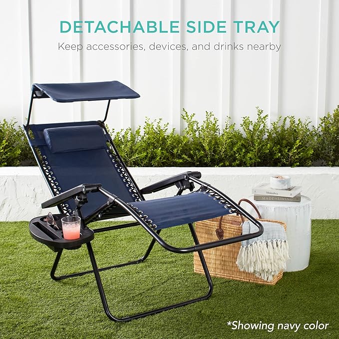 Best Choice Products Folding Zero Gravity Outdoor Recliner Patio Lounge Chair w/Adjustable Canopy Shade, Headrest, Side Accessory Tray, Textilene Mesh - Gray