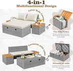 Flamaker Outdoor Rattan Daybed with 2 Side Tables, Multifunctional Wicker Patio Sofa with Storage Ottoman, Cushions, Sunbed Wicker Furniture Chaise Lounge Chair for Backyard Porch Poolside(Beige)