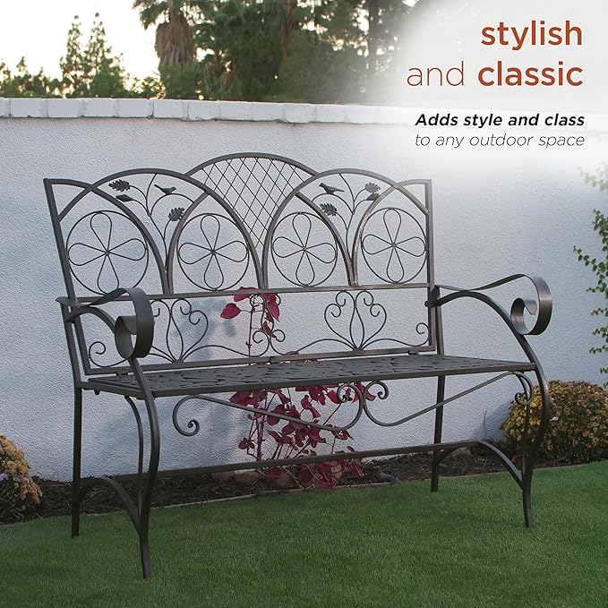 Alpine Corporation 45" Long Outdoor Metal Classic Bench with Stylish Patterns, Garden Furnitures - Brown