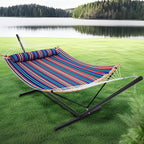 SUPERJARE Curved-Bar Hammock with Stand, 2 Person Heavy Duty Hammock Frame, Detachable Pillow & Portable Carrying Bag, Perfect for Outdoor & Indoor, Retro Blue and Green