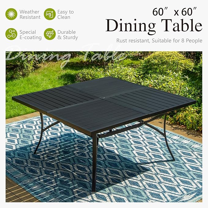 Sophia and William Swivel Outdoor Patio Dining Set for 8, Outdoor Table and Chairs, Removable Seat Cushions, Black 37" Patio Dining Table,Blue