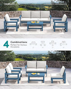 SERWALL HDPE Patio Conversation Set, 6-piece Sectional Outdoor Furniture Set, All Weather Outdoor Couch Set Patio Furniture Set for Deck, Lawn, Blue Frame with Beige Cushion