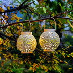 2 Pack Outdoor Solar Hanging Lantern Lights Metal LED Decorative Lamp for Garden Patio Courtyard Lawn and Table with Hollowed-Out Design (White)