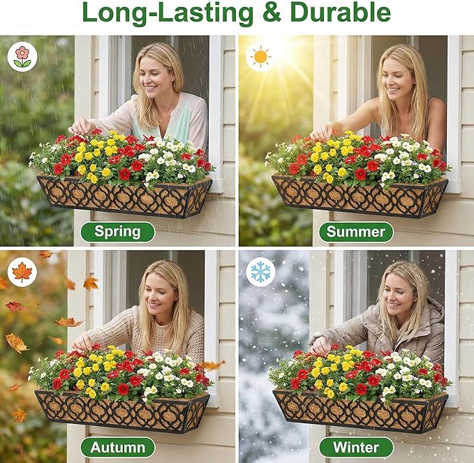 Y&M 24" Window Boxes Horse Trough with Coconut Coir Liner, 2pcs 24 Inch Window Deck with Coco Liner, Black Metal Hanging Flower Planter Window Basket Deck Railing Planter Boxes for Outdoor Indoor Lawn