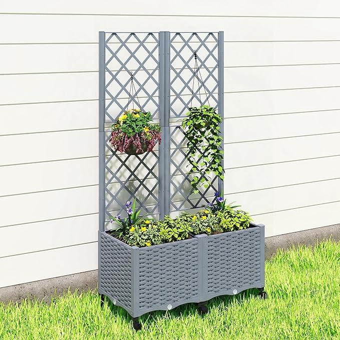 Outsunny Planter Box with Trellis, Self Watering Raised Garden Bed with Lockable Wheels, 56.3" Trellis Privacy Planter with Drainage Holes for Climbing Plants, Vines, Vegetables, Flowers, Gray