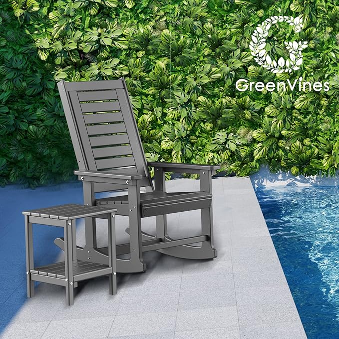 GREENVINES Outdoor Rocking Chairs | Set of 4 | Porch Rocker | HDPE Plastic | Grey | Oversized Rockers | High Back | Big & Tall | Ladder Back | for Patio Outside Backyard Balcony Garden