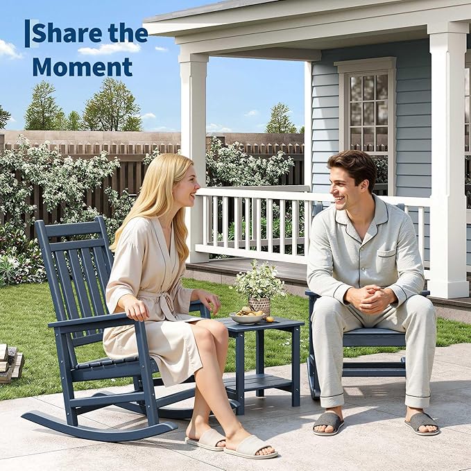 GarveeLife Poly Lumber Rocking Chair Outdoor Set of 2 - HDPE High Back Porch Rocker Chairs for Adults - All Weather Resistant Furniture for Patio - Navy Blue