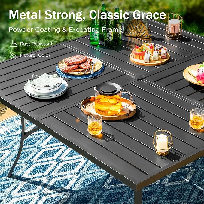 PHI VILLA 9 Pieces Outdoor Dining Set for 8, 60" Square Black Metal Table with Umbrella Hole & Wrought Iron Chairs, All Weather Outside Furniture with Blue Cushions & Pillows for Patio, Deck, Porch