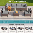7 Pieces Outdoor Patio Furniture Set, PE Rattan Outdoor Wicker Sectional Furniture Sofa Set, with Cushions and Glass Coffee Table, for Balcony, Porch, Garden, Grey
