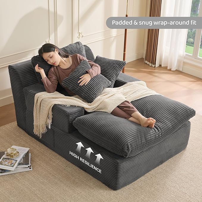 63" Chaise Lounge Chair Indoor, Set of Convertible Sleeper Sofa Couch with Throw Pillows & Side Pockets, Corduroy Upholstered Oversized Sofa Bed with Armrests for Living Room Bedroom, Grey