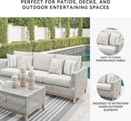 Signature Design by Ashley Seton Creek Cottage Nuvella Weather Resistant Fabric Outdoor Sofa with Cushion and 4 Throw Pillows, Light Brown & Light Gray