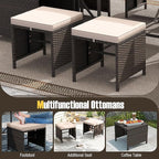 Tangkula 9 Piece Patio Dining Set, Rattan Chairs with Tempered Glass Table & Ottoman, Space Saving Wicker Sectional Conversation Set with Removable Cushions, Outdoor Furniture for Backyard Garden Deck