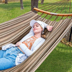 SUNCREAT Hammocks Double Hammock with Curved Spreader Bar, Outdoor Camping Portable Hammock with Carrying Bag & Tree Straps for Patio, Backyard, Balcony, Max 450lbs Capacity, Brown