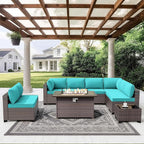 ALAULM 10 Pieces Outdoor Patio Furniture Set with Propane Fire Pit Table Outdoor Sectional Sofa Sets Patio Furniture 43" Gas Fire Pit PE Rattan Patio Conversation Set w/8 Seat Cushions (Turquoise)