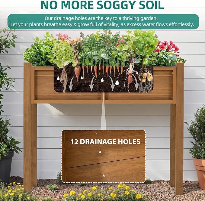 YITAHOME Elevated Garden Bed HDPE Raised Garden Bed with Legs & Drainage Hole Poly-Wood Weatherproof Elevated Planter Box Patio Planters for Vegetables Flowers Plant Bed for Garden, Teak