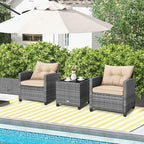 Tangkula 3 Pieces Wicker Patio Furniture Set, Outdoor Rattan Conversation Cushioned Chair Set with Tempered Glass Side Table, for Porch, Balcony and Garden