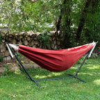Vivere Double Sunbrella Hammock with Space-Saving Steel Stand, Heavy-Duty Portable Outdoor Hammock Set for Backyard, Patio, or Travel, Crimson