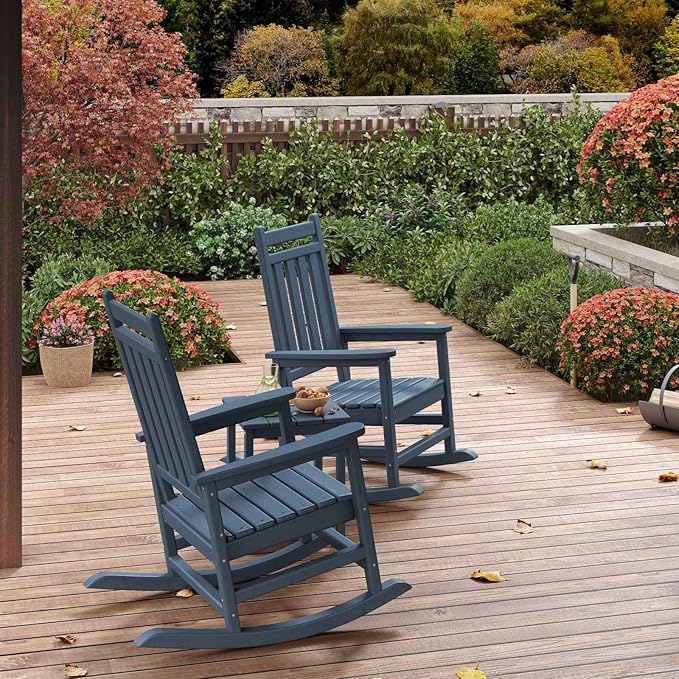 HDPE Rocking Chair Outdoor Set of 4 - Poly High Back Porch Rocker Chairs for Adults - All Weather Resistant Furniture for Patio Front Porch - Navy Blue