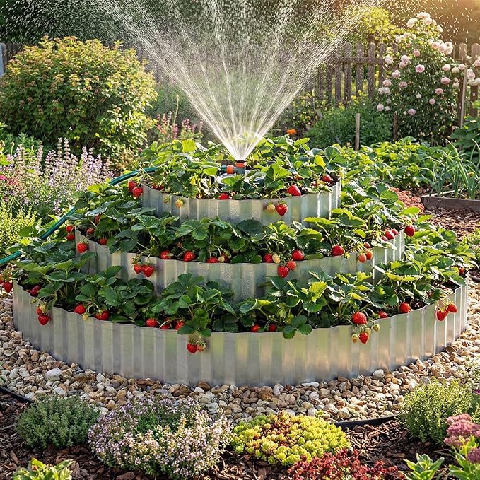 Pyramid Garden Kit, Strawberry garden Planter, 6 ft Diameter Base, Includes 3 Metal Bands, Sprinkler, Gloves, Hose, Plastic Connector for Herbs, Flowers, Ideal Gardening Gift for Yard Patio