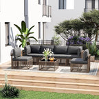 Pamapic 7 Piece Outdoor Sectional Sofa Set, All-Weather Patio Furniture with Washable Cushions, Waterproof Brown Rattan Wicker Conversation Set for Backyard, Poolside, Gray Cushion