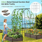 DoCred 3 in 1 Raised Garden Bed with 87in Tall Arch Trellis for Climbing Plants, Galvanized Planter Garden Box Outdoor for Gardening, Climbing Vegetables, Flower