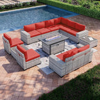 13-Piece Outdoor Patio Furniture Set with 55,000 BTU Fire Pit Table, PE Wicker Rattan Sectional Sofa Patio Conversation Set with Coffee Table, Red