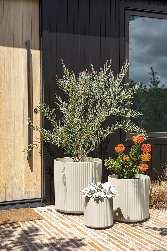 Veradek Demi Series Set of 3 Round Planters for Porch, Patio, Backyard | Durable Plastic-Concrete Material | Modern Décor for Tall Plants, Flower