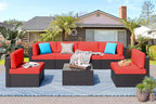 Vongrasig 7 Pieces Patio Furniture Sets, Outdoor Modular Sectional Sofa Patio Conversation Set PE Rattan Wicker Sectional Couch with Cushion, Glass Table for Patio, Garden, Poolside, Red