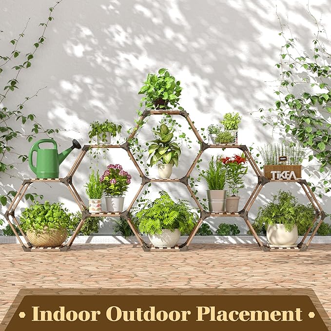 Tikea - Hexagonal Plant Stand Indoor Outdoor Large 11 Tiered Wooden Plant Shelf Indoor Creative Flower Decor for Living Room Balcony Patio