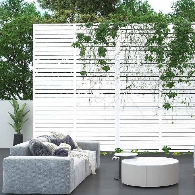 Freestanding Decorative Fence Panel, White Louvered Metal, 72 x 47 Inch