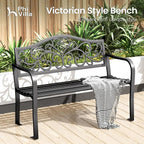 Garden Bench, 43.7 Inch Cast Iron Outdoor Bench with Floral Backrest