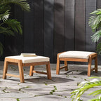 Temecula Outdoor Ottomans with Cushion (Set of 2) - Acacia Wood - Brown/Cream
