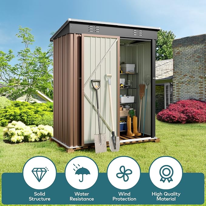 Storage Shed 5' x 3' Brown Galvanized Steel with Lockable Door