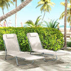 Outsunny 2 Piece Folding Chaise Lounge Chairs, Pool Sun Tanning Chairs with Reclining Back, Breathable Mesh Seat, Headrest for Beach, Yard, Patio, Cream White