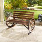 Outsunny 41" Wooden Wagon Wheel Bench, Rustic Outdoor Patio Weather Resistance Furniture, 2-Person Slatted Seat Bench with Backrest, Carbonized