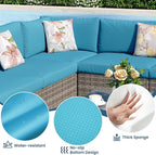 8 Pieces Outdoor Patio Furniture Set with 43" Fire Pit Table, Wicker Outdoor Patio Sectional Sofas with Coffee Table and Cushions, All-Weather Patio Conversation Set for Garden Backyard, Light Blue