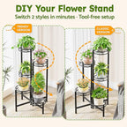 Metal Plant Stand Indoor Outdoor, 5 Tier 5 Potted Multiple Plant Shelf Stands, Wrought Iron Flower Holder Shelf, Folding Tall Rack Shelf for Patio, Balcony, Corner Living Room - BlackCircle