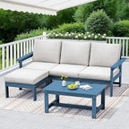 SERWALL Outdoor Sectional Sofa Set, 5-piece Outdoor Modula Couch Set with Ottoman, All Weather Patio Furniture Set with Chaise for Deck, Lawn, Blue Frame with Khaki Cushion