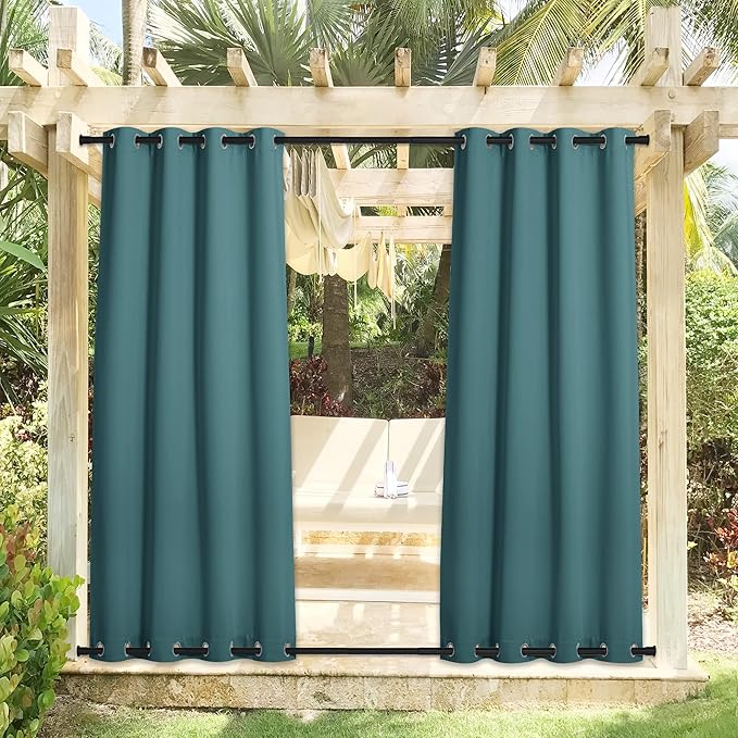 NICETOWN 2 Panels Outdoor Curtains for Patio Waterproof & Windproof, Thermal Insulated Rustproof Top and Bottom Grommet Blackout Outdoor Curtain Drapes for Pergola, W52 by L95, Teal
