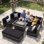 NICESOUL Large Size 9 Piece Patio Conversation Set with Fire Pit Table Propane/Gas, 29.3'' High Back Outdoor Furniture Sectional Set, Heavyweight Rattan Contemporary Sofa, 2 Color Cushion Black &Gray