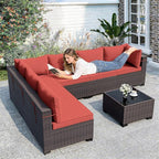 ALAULM Patio Furniture Set with Coffee Table, 7 Pieces Outdoor Sectional with Wide Seat and Thick Cushion, All Weather Wicker Rattan Conversation Set for Backyard, Garden, Deck, Red