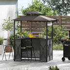 Tangkula 3 Piece Patio Bar Set, Grill Gazebo & 2 Foldable Bar Stools with Awning, Metal Storage Shelves, Glass Holders, Double-Tier Outdoor Shelter for Patio Poolside Garden Backyard (Gray)